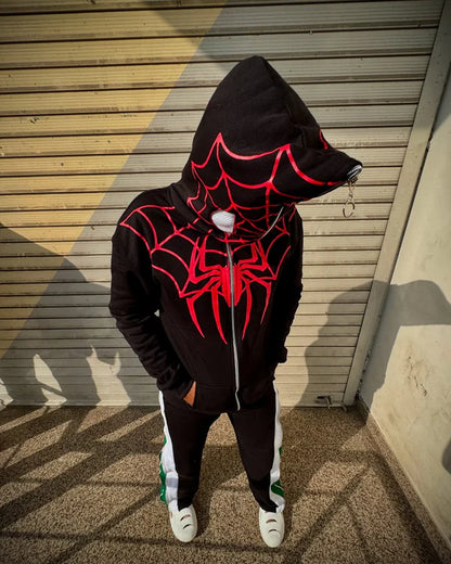 🔥 Spider Web Zip Hoodie – Bold Streetwear Mask Hoodie
