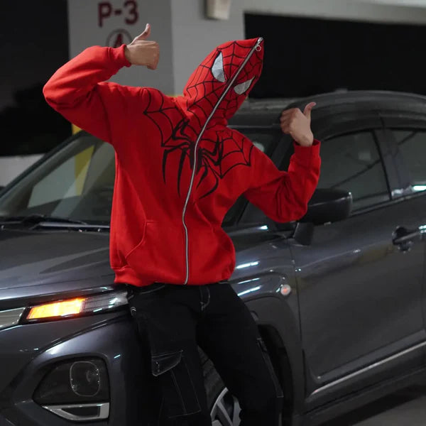 🕷️ Red Spider Hoodie – Full Zip Mask Streetwear