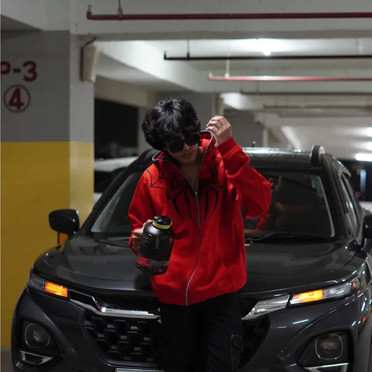 🕷️ Red Spider Hoodie – Full Zip Mask Streetwear